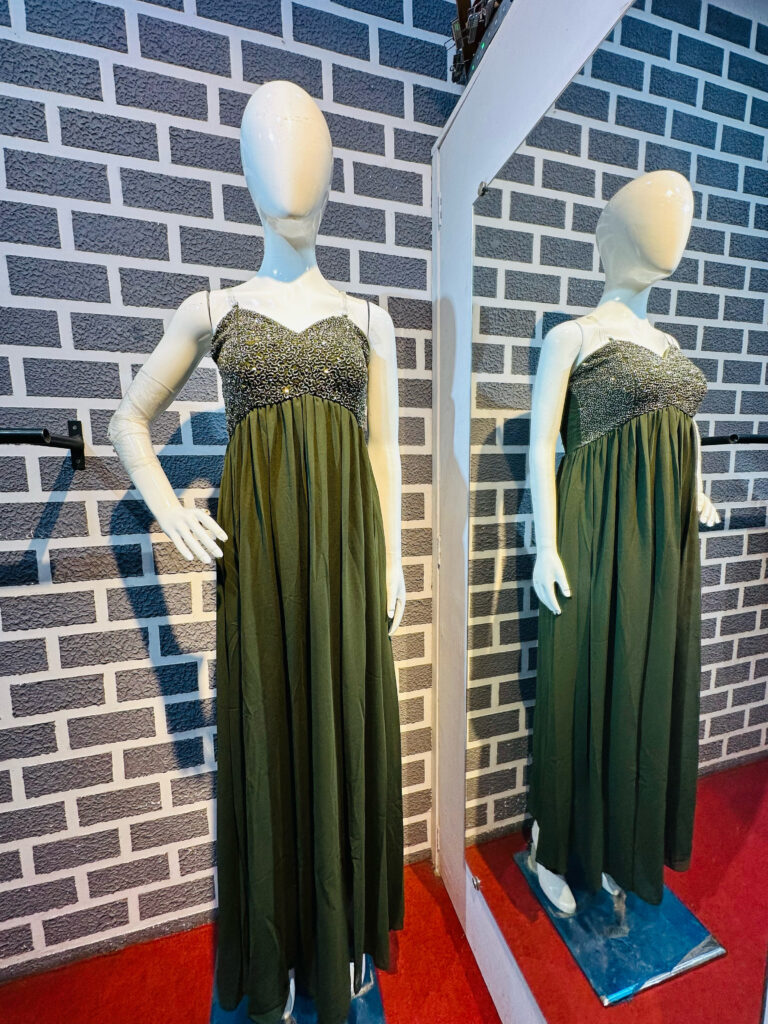 Party wear Spaghetti Style olive green gown