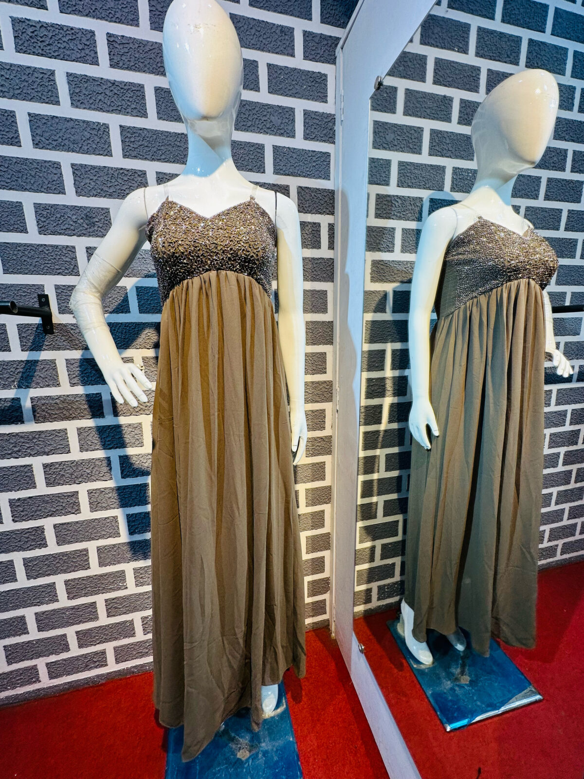 Party wear Spaghetti Style Beige gown