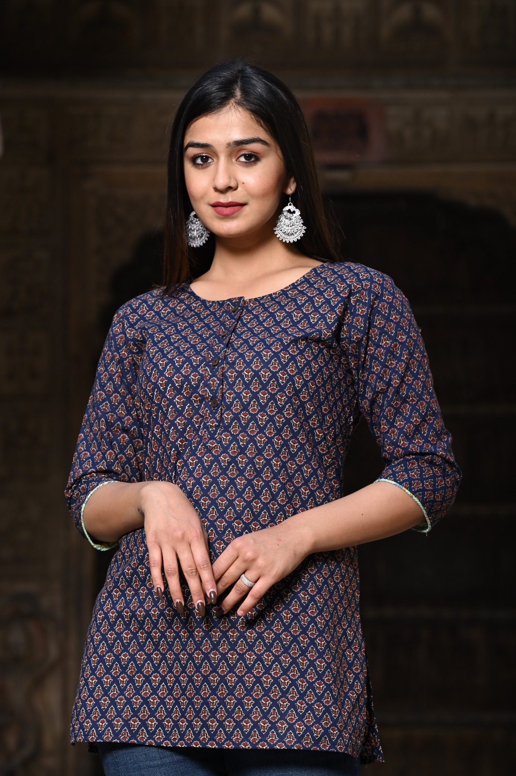 Floral Rajasthani Hand Block Navy Blue Print Cotton Top