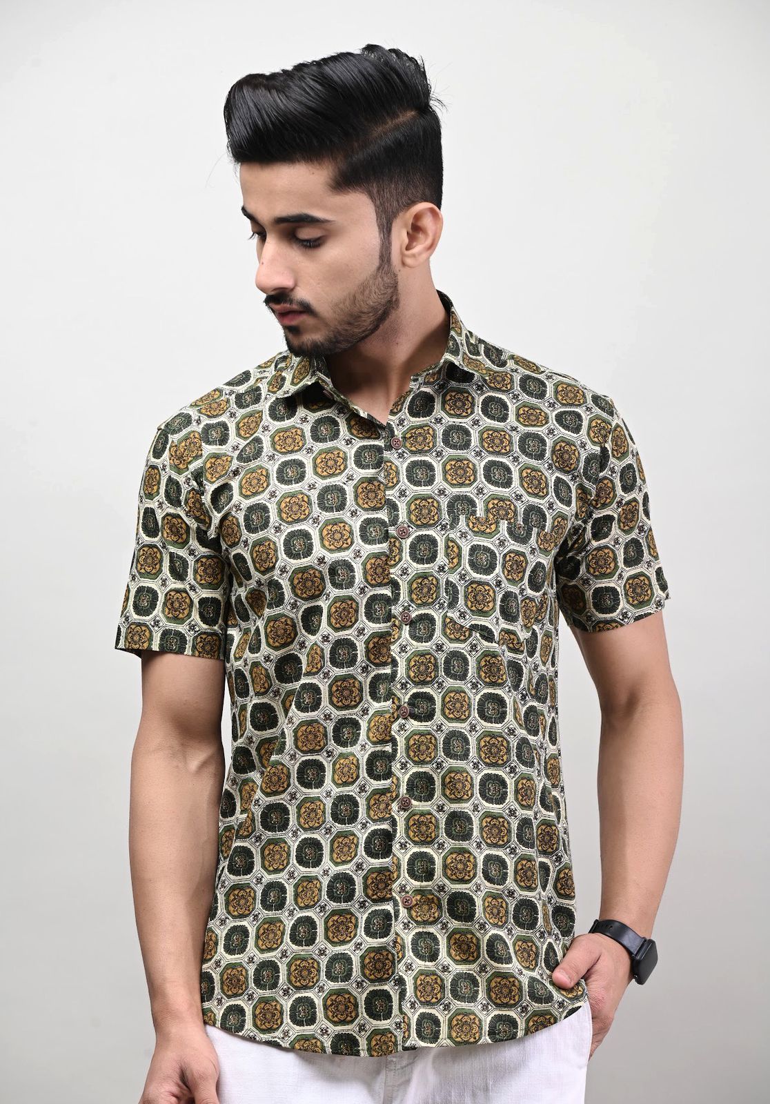 Rajasthani Hand Block Print Cotton Half Sleeve Shirt