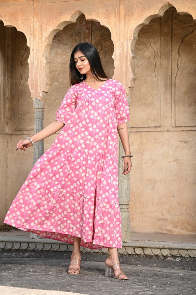 Rajasthani Hand Block Print One Piece Long Frilled Dress